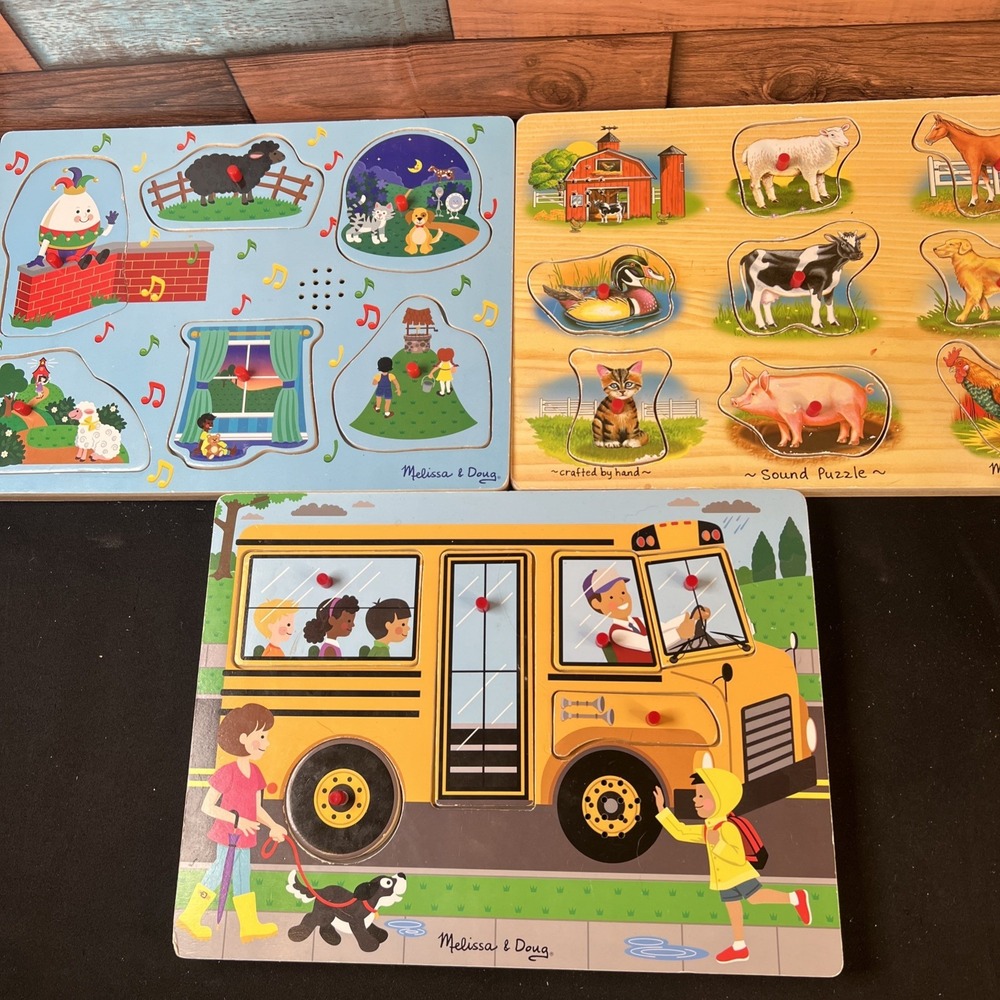 3- Melissa & Doug Musical Wooden Sound Puzzles Nursery Rhymes Farm Animals Bus